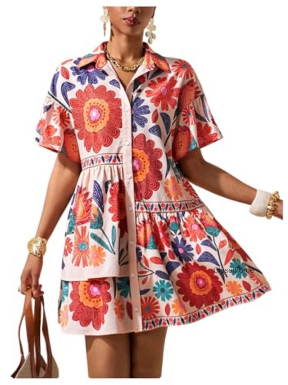 SOLY HUX Women's Floral Ruffle Babydoll Collared Boho Short Dress